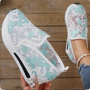 Elegant Mint and White Lace Slip-on Sneakers
